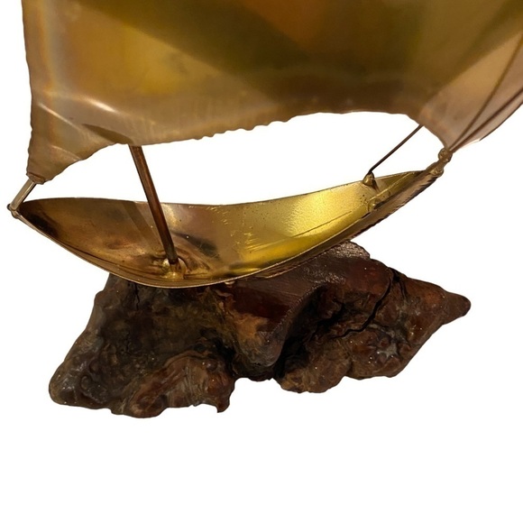 Vintage Mid Century Modern Brass Sailboat, Burl Wood Mount Artist Made - Picture 10 of 12